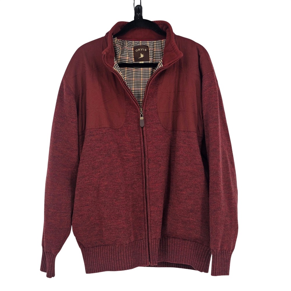 Orvis Full Zip Wool Sweater Jacket XL Burgundy Red Shooting Hunting Countryside